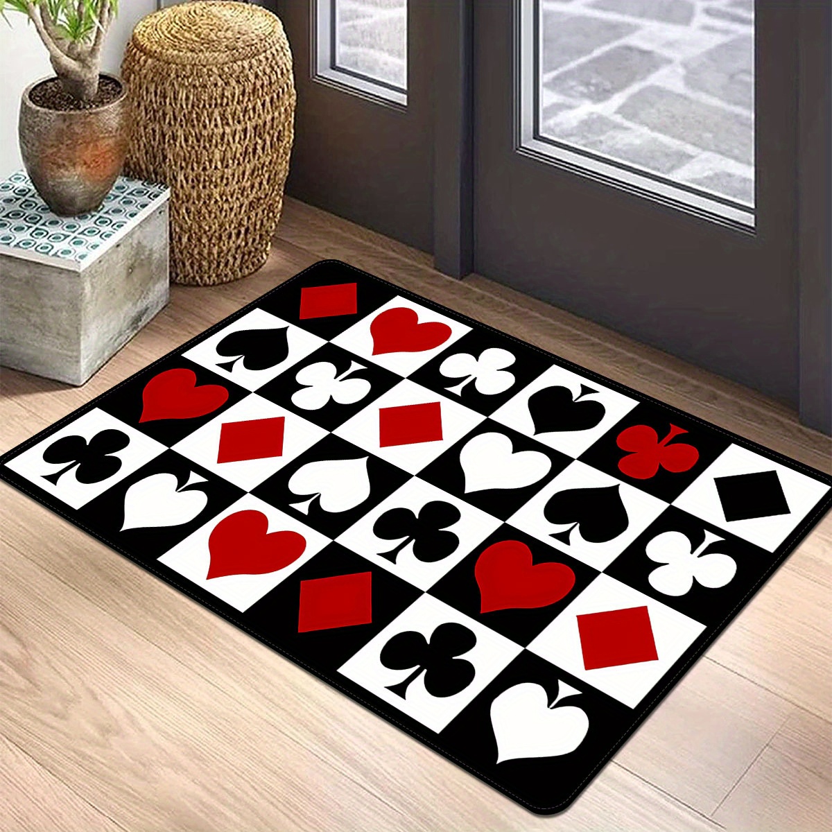 

1pc, Entrance Area Rug, Poker Vintage Elements Printed Pattern Rug, Polyester Non-slip Stain Resistant Soft Rug For Indoor Outdoor Decor