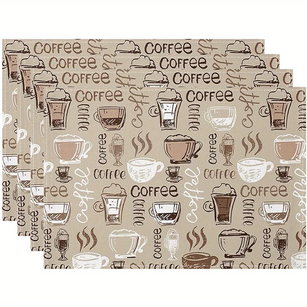 

1/4/6pcs, Coffee Themed Placemats (16.5" X 12.6"/42cm X 32cm), Polyester Vintage Coffee Cup & Bean Sketch Design, Beige Dining Table Mats, Room Decor