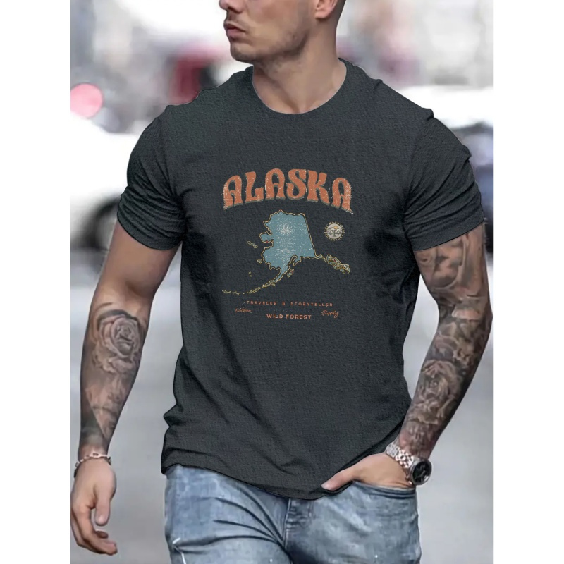 

Men's Alaska Print Short Sleeve T-shirts, Comfy Casual Elastic Crew Neck Tops For Men's Outdoor Activities