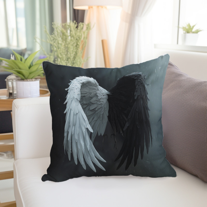 

1pc, Black And White, Wings Pattern Printed Pillowcases, Cushions, Pillowcases, Suitable For Sofa Beds, Car Living Rooms, Home Decoration Room Decoration, No Pillow Core, 17.7 * 17.7 In
