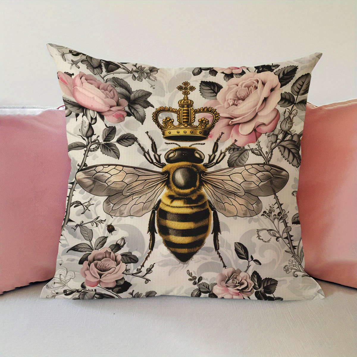 

1pc, Vintage Art, Bees, Flowers Pattern Printed Pillowcases, Cushions, Pillowcases, Suitable For Sofa Beds, Car Living Rooms, Home Decoration Room Decoration, No Pillow Core, 17.7 * 17.7 In
