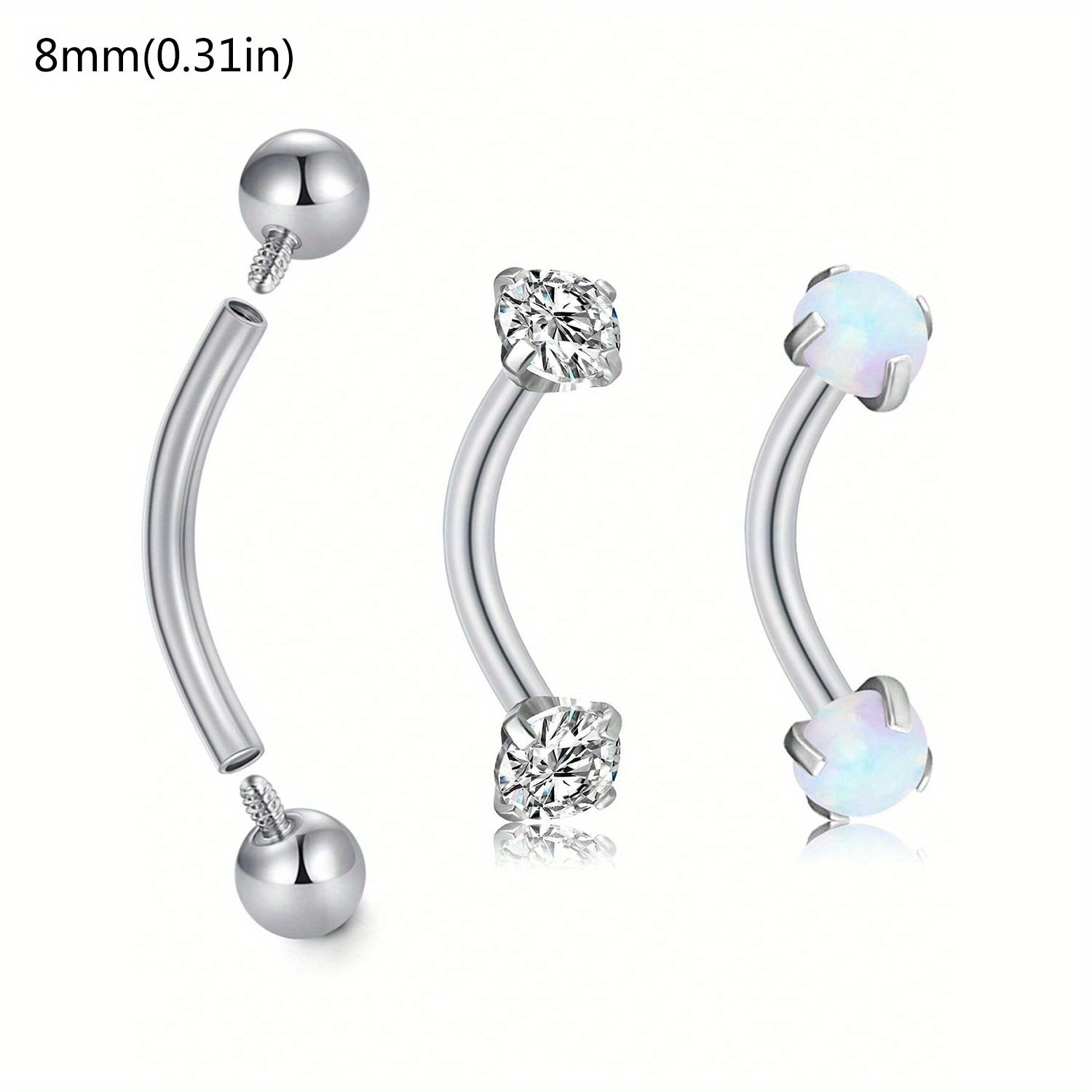 Image of 3pcs 16g Rook Daith Earrings For Women Stainless 8mm 10mm Eyebrow Rings Inlaid Cz Opal Turquoise Belly Lip Ring Cartilage Surface Tragus Piercing Jewelry