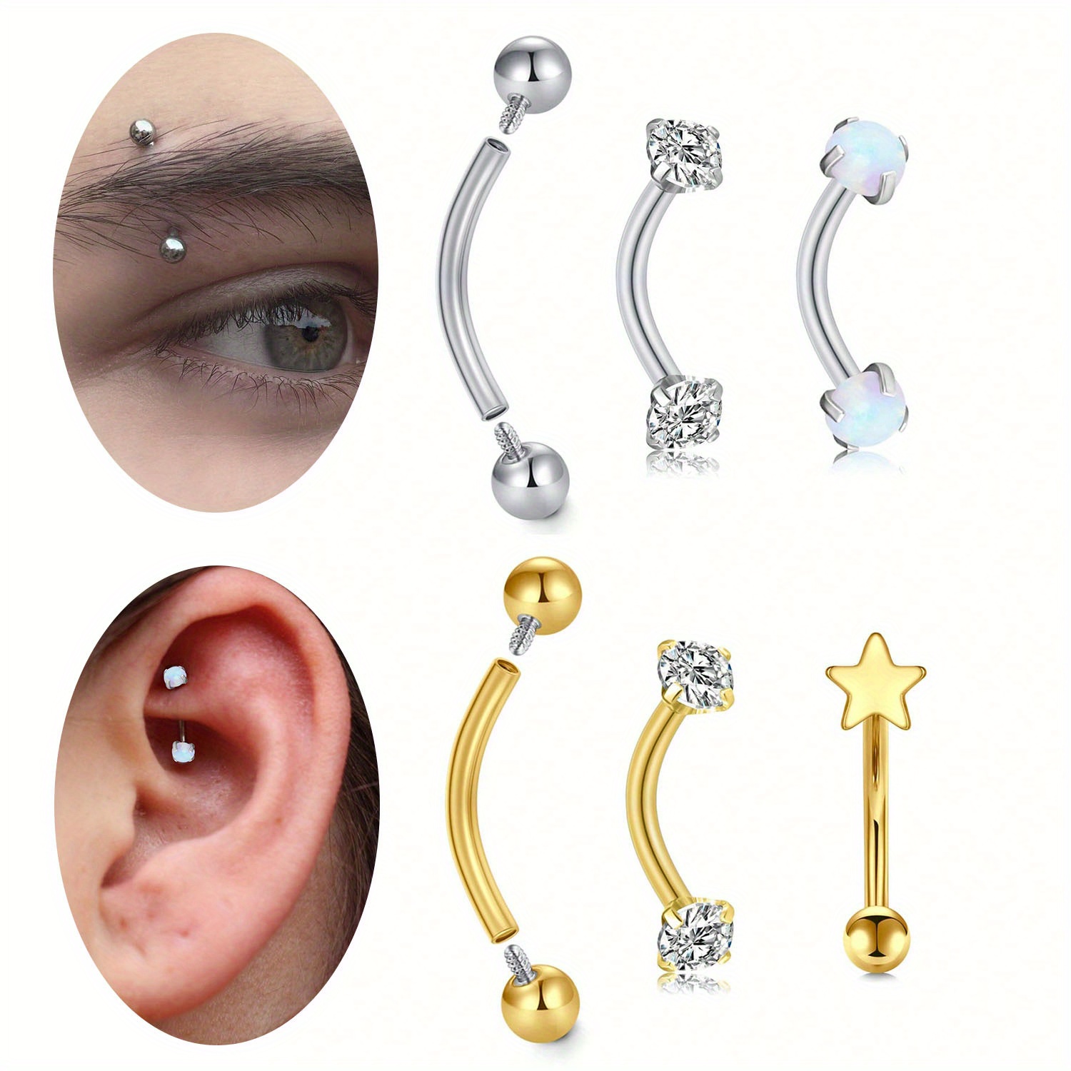 

3pcs Stainless Steel Eyebrow Rings, Belly Lip Ring, Cartilage Surface Tragus Piercing Jewelry, Inlaid Zirconia Pick A