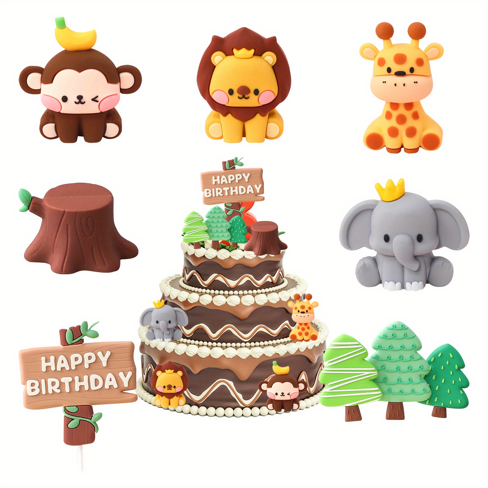 

7pcs Jungle Animals Cake Toppers, Soft Plastic Safari Figurines, Happy Birthday Cupcake Decorations For Party