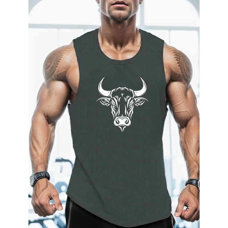 

Bull Head Print Summer Men's Quick Dry Moisture-wicking Breathable Tank Tops Athletic Gym Bodybuilding Sports Sleeveless Shirts For Running Training Men's Clothing