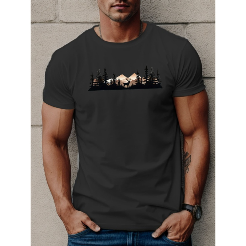 

Men's Deer & Forest Print Short Sleeve T-shirts, Comfy Casual Elastic Crew Neck Tops For Men's Outdoor Activities