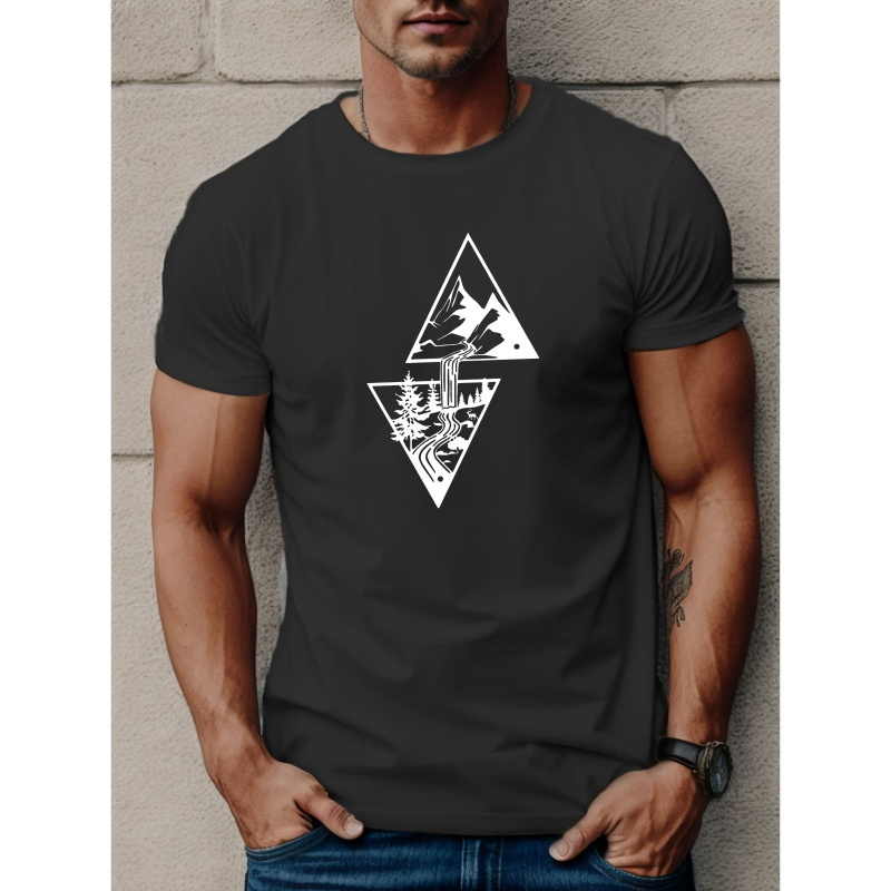 

Mountains And Creek Print Tee Shirt, Tees For Men, Casual Short Sleeve T-shirt For Summer