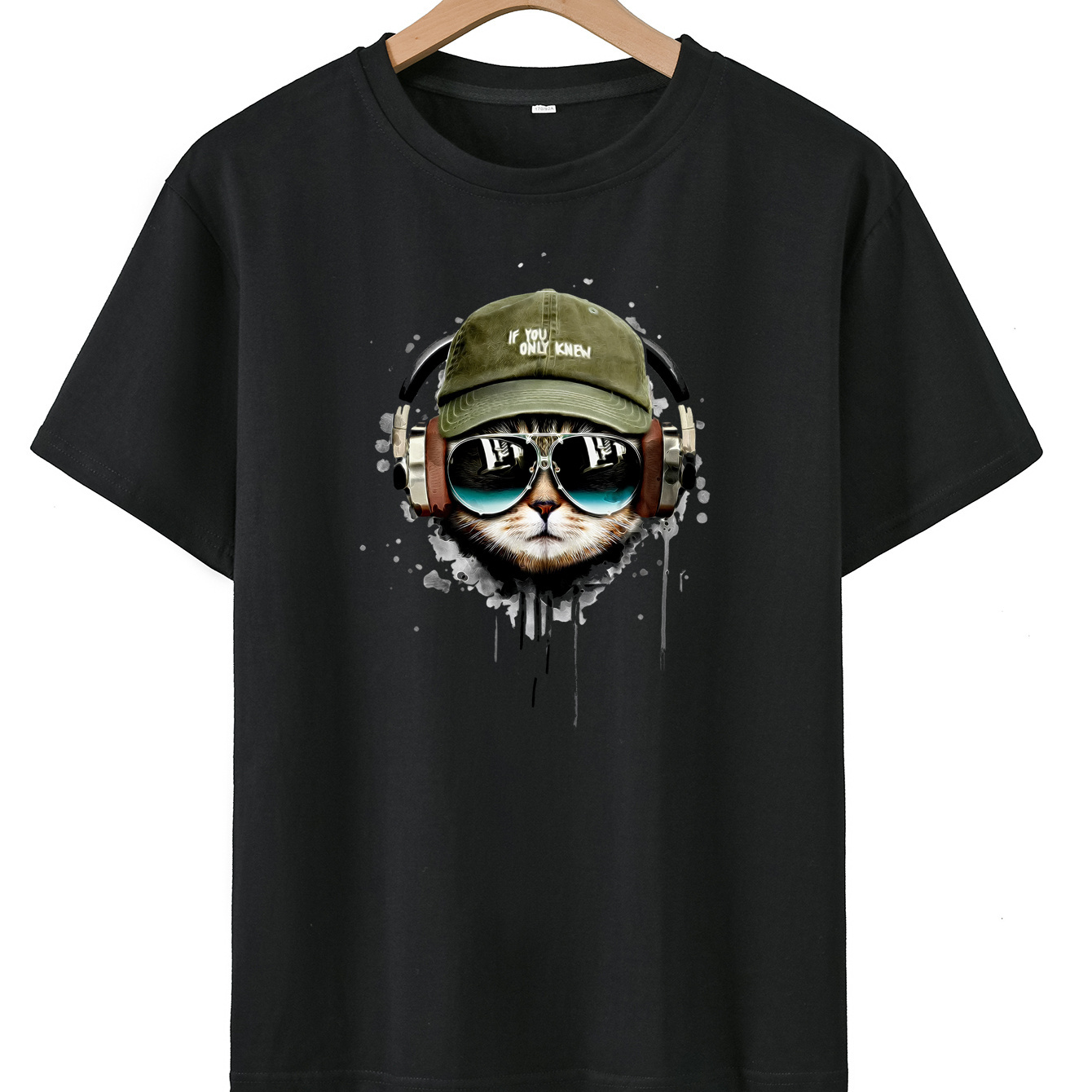 

Headphone Cat Print, Teen Boys Creative T-shirt, Comfy Crew Neck Casual Tee Top, Trendy Summer Top