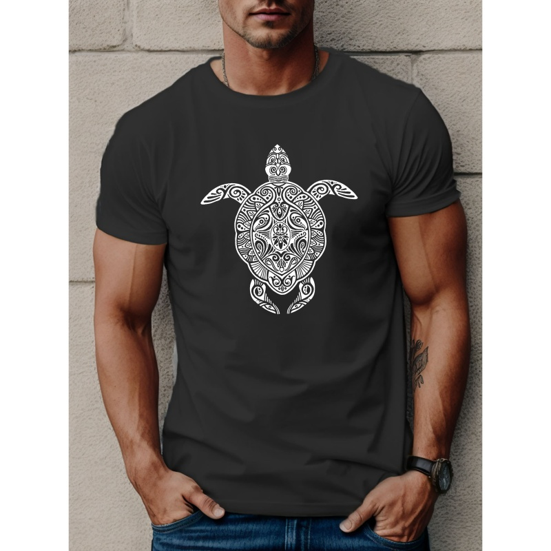 

Men's Sea Turtle Print Short Sleeve T-shirts, Comfy Casual Elastic Crew Neck Tops For Men's Outdoor Activities