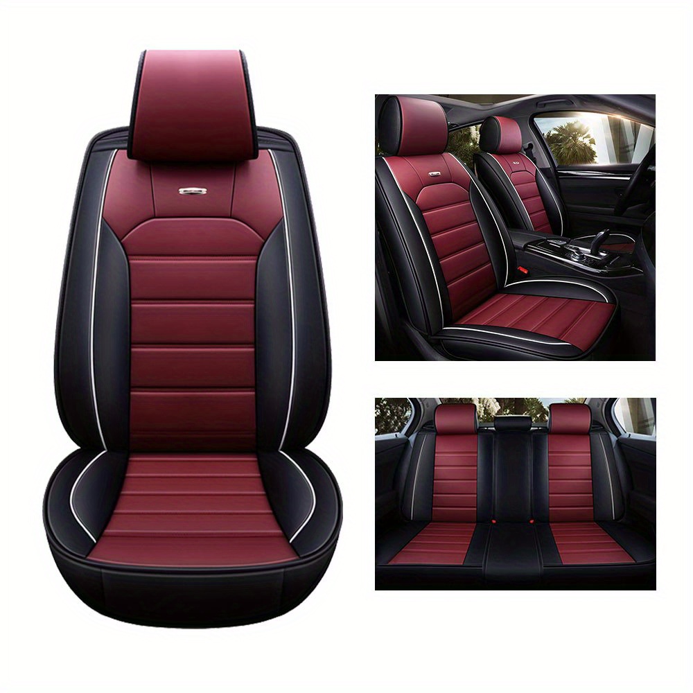 

5 Seat Car Seat Cover Full Set Pu Luxury Leather Waterproof Front Rear Split Bench Back Cover Full Coverage Cushion Protector Interior Covers Universal Fit Cars Trucks And Suvs Black/red