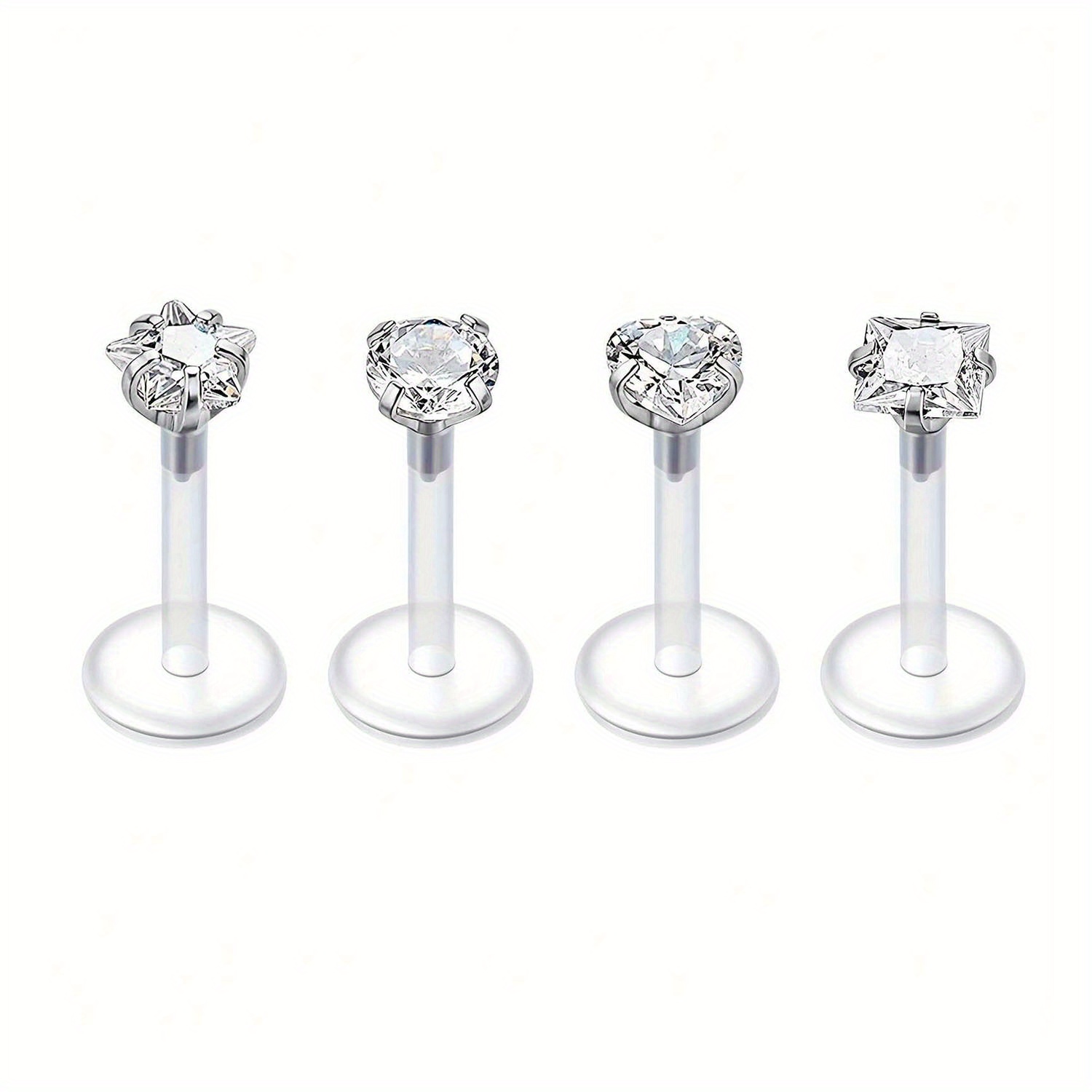 Image of 1set Of 4pcs Classic Transparent Acrylic Bars 16g Lip Studs, Cartilage Earrings With Round/square/heart/star/cube Decor For Women/men Daily Work Wearing, Bar Length 8mm