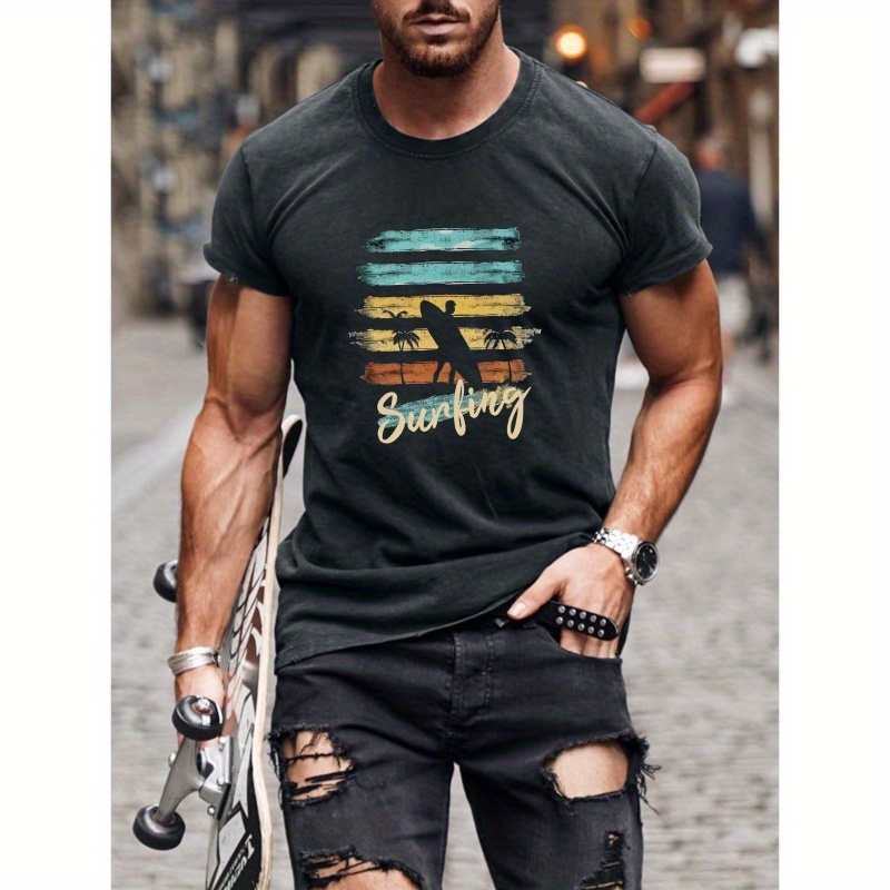 

Surfing Graphic Print Men's Creative Top, Casual Short Sleeve Crew Neck T-shirt, Men's Clothing For Summer Outdoor