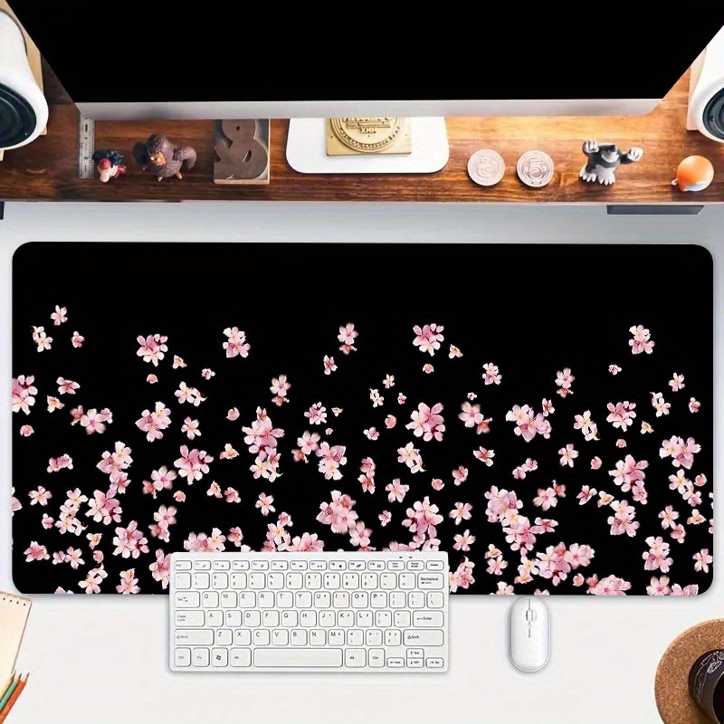 

Black And Pink Japanese Cherry Large Mouse Pad Computer Hd Desk Mat Keyboard Pad Natural Rubber Non-slip Office Mousepad Table Accessories As Gift For Boyfriend/girlfriend Size35.4x15.7in