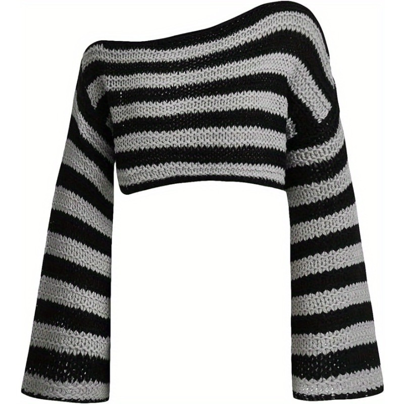 

Striped Asymmetrical Neck Knitted Sweater, Sexy Bell Sleeve Crop Knitted Top For Spring & Summer, Women's Clothing