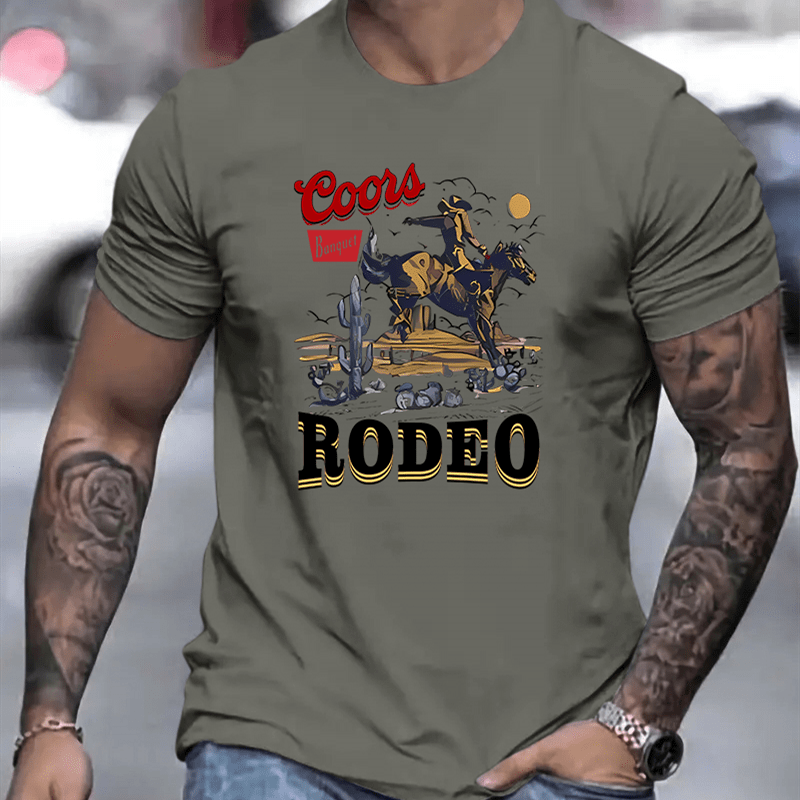 

Cowboy Graphic Print Men's Creative Top, Casual Short Sleeve Crew Neck T-shirt, Men's Clothing For Summer Outdoor