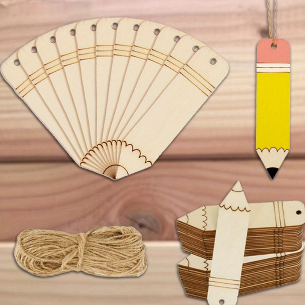 

10pcs Hanging Tags Wooden Blank Pencil-shaped Bookmarks For Cross-border New Styles Diy Unfinished Hollowed-out Hemp Rope Labels