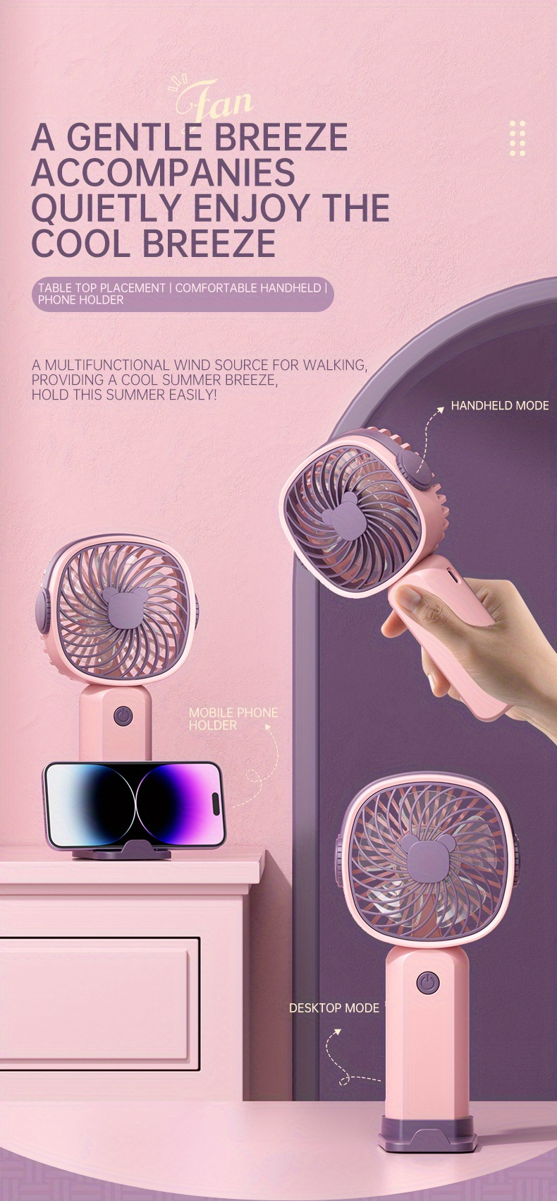 1pc portable handheld silent fan 3 14x1 18 usb rechargeable multifunctional small fan plastic   placement phone holder   travel essential details 0