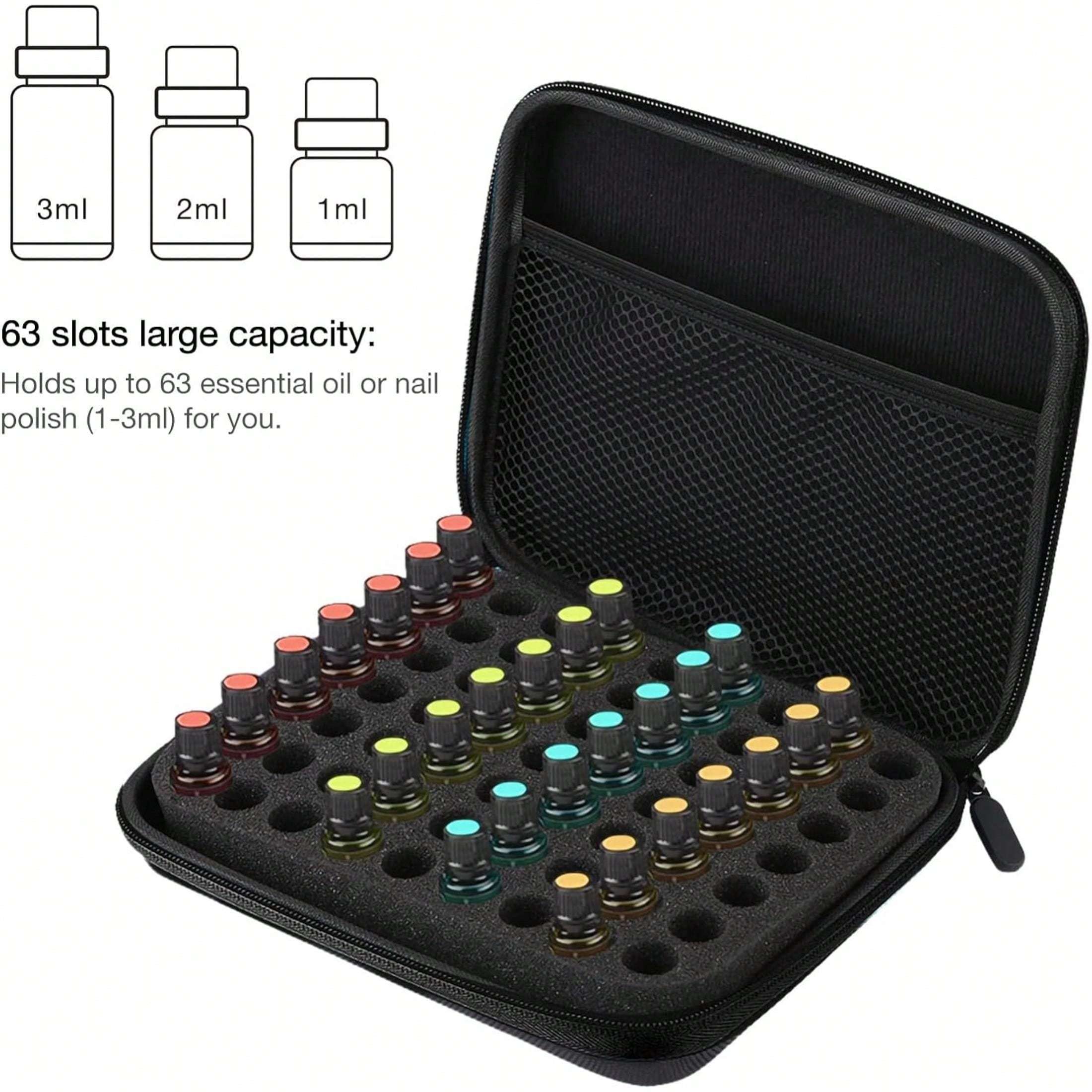 

Essential Oil Carrying Case With Foam Insert, 63-bottle Capacity, Travel Organizer For Aromatherapy Oils, 8.5x6.8x1.9 Inch, Multi-colored Zippers, Storage For Other Oils - Black