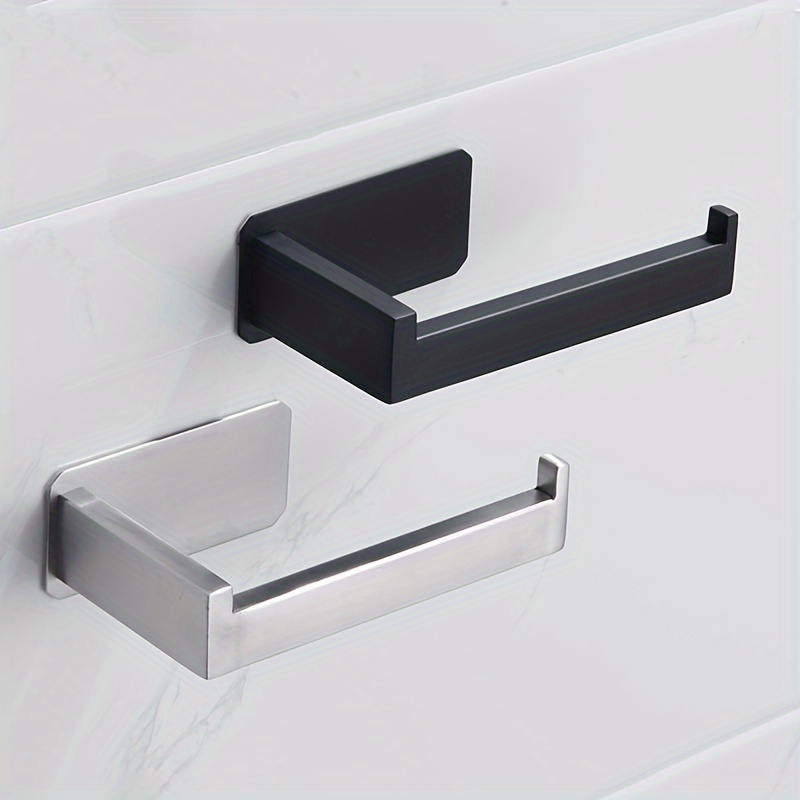 

1pc Sleek Black Self-adhesive Stainless Steel Toilet Paper Holder - , Punch-free Wall Mount Design For Bathroom