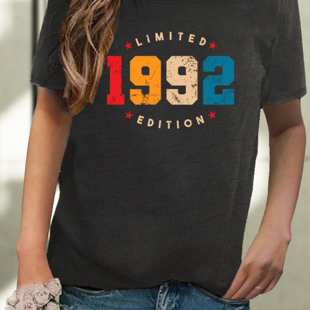 

1992 Print T-shirt, Short Sleeve Crew Neck Casual Top For Summer & Spring, Women's Clothing