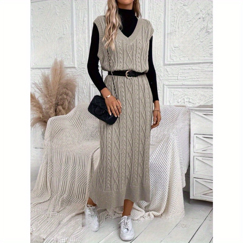 

Solid Cable Knit Loose Sweater Dress, Elegant Sleeveless V-neck Maxi Dress Without Belt, Women's Clothing