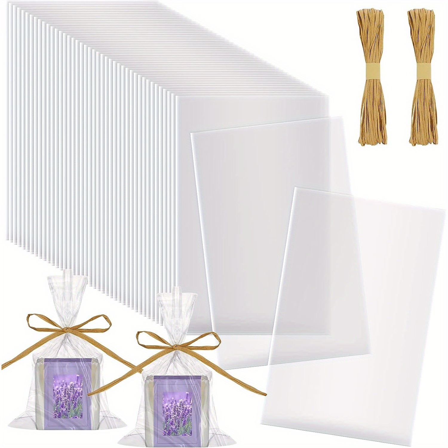 E-shop 100 Stück Klare Seifenbeutel mit Raffia-Bändern - Transparente Zellophanbeutel für Hausseifen, Bastelgeschenke & Geburtstagsparty-Geschenke