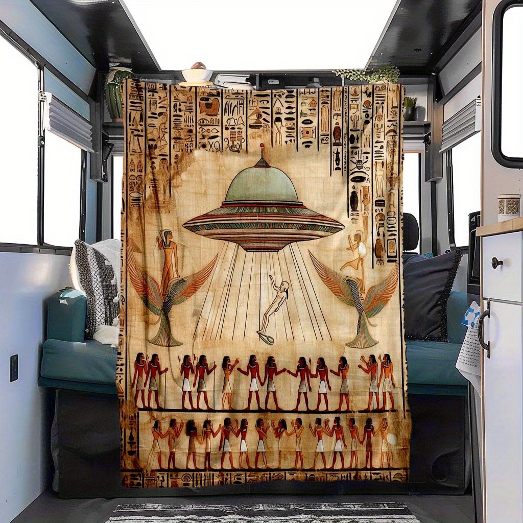 

1pc Ancient Egyptian Temple & Ufo Pattern Blanket For Nap Rv Travel Camping Soft Comfortable Convenient For All Seasons Universal Blanket
