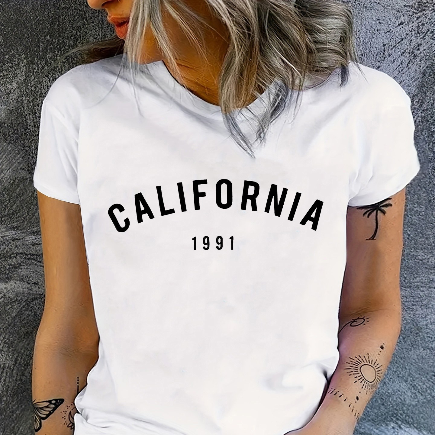 

California 1991 Print Crew Neck T-shirt, Casual Short Sleeve T-shirt For Spring & Summer, Women's Clothing