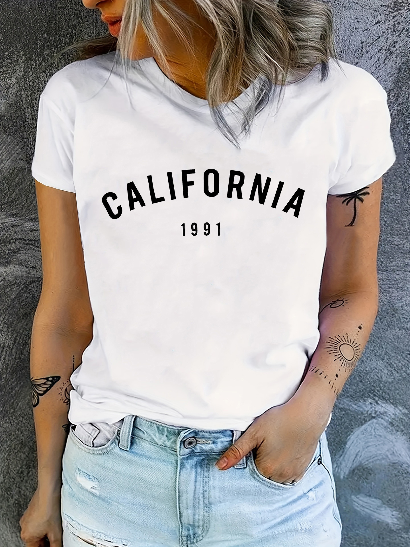 California 1991 Print Crew Neck T-Shirt, Casual Short Sleeve T-Shirt For Spring & Summer, Women's Clothing