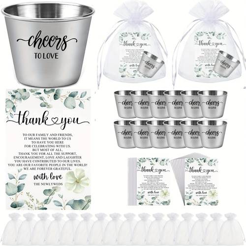 36pcs, Wedding Favors For Guests Bulk Include 12Pcs Wedding Shot Glasses Cheers To Love Stainless Steel Shot Glasses With 12Pcs Thank You Cards And 12Pcs Organza Bags For Guest Wedding Newlyweds Bridal Shower Gifts