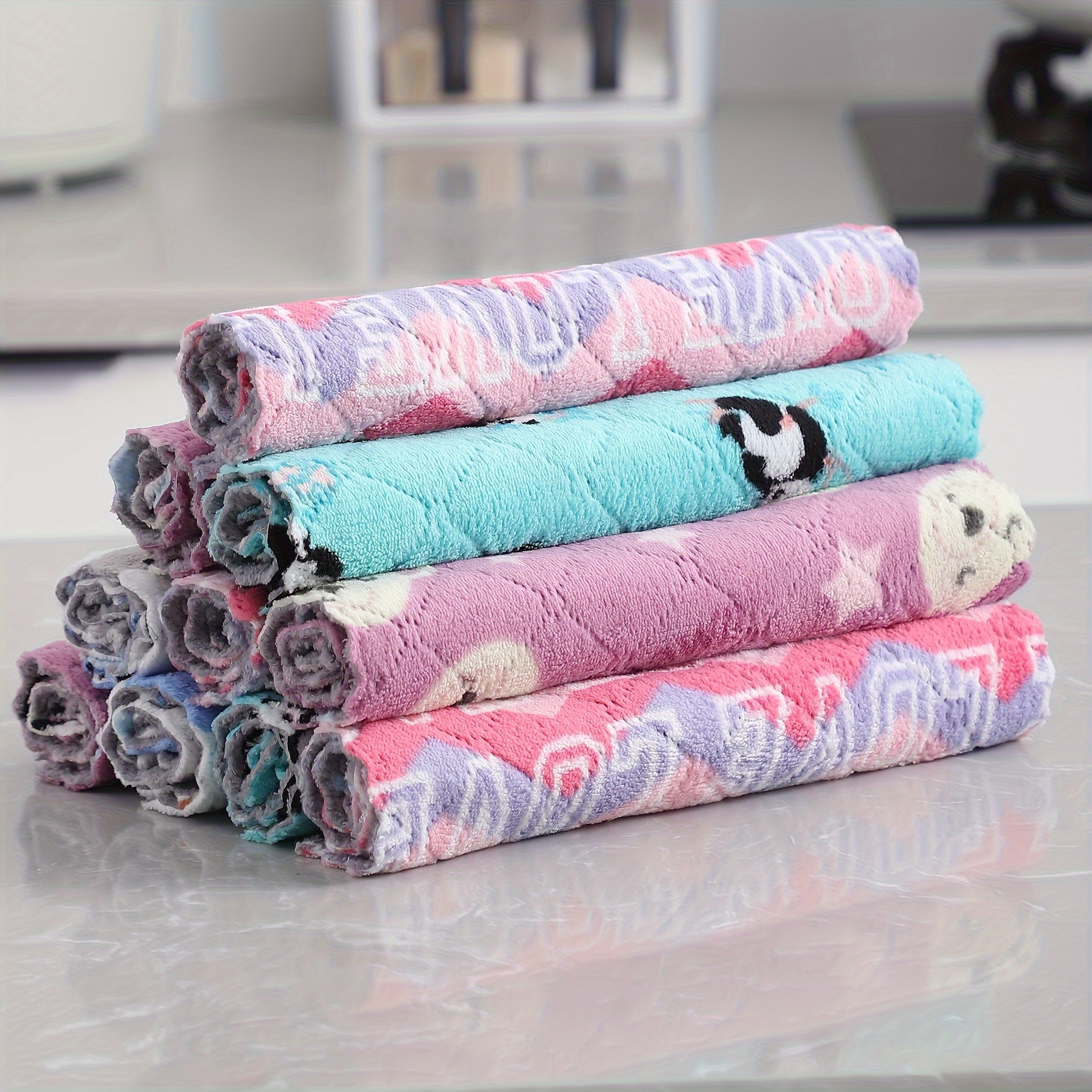 

5/10pcs, Dish Cloth, Coral Velvet Cartoon Printed Double-sided Cleaning Towels, Scouring Pad, New Kitchen Printed Cleaning Cloth, Super Absorbent Wiping Cloth, Cleaning Supplies