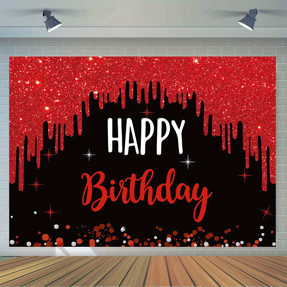 

1pc, Happy Birthday Photography Backdrop, Vinyl Red Quicksand Glitter Black Background Birthday Party Decoration Cake Table Banner Photo Booth Props