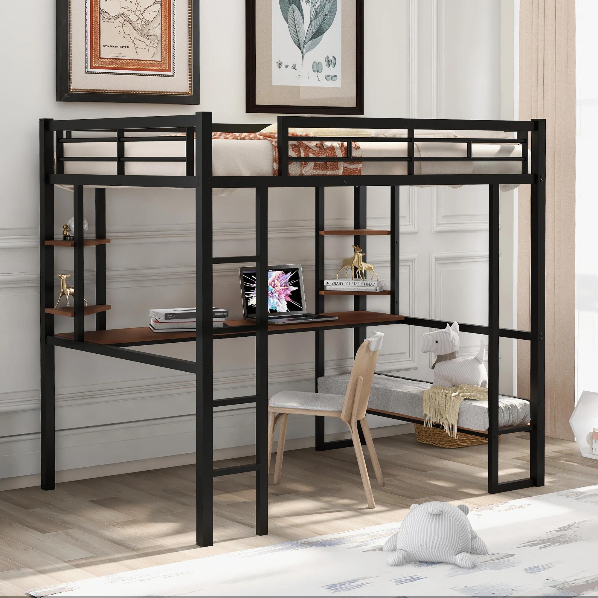 

1pc Full Size Loft Metal & Mdf Bed With Long Desk And Shelves, Black