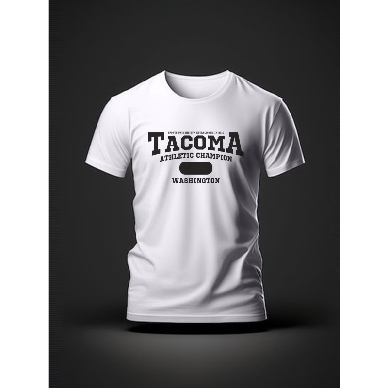 

Men's Tacoma Letter Print Short Sleeve T-shirts, Comfy Casual Elastic Crew Neck Tops For Men's Outdoor Activities