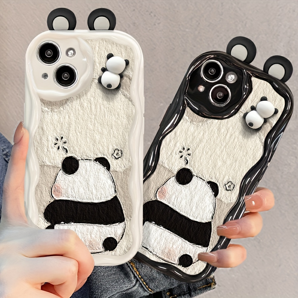 

3d Cute Panda Cartoon Phone Case With Ears, Wavy Edge Protection, Soft Silicone Back Cover For 11/12/13/14/15 Pro Max Xs Max X Xr - Stylish All-inclusive Protective Case For Women
