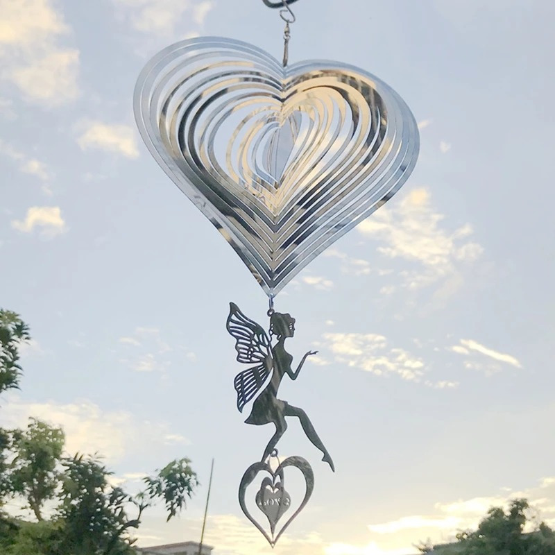 

1pc 3d Metal Fairy Love Heart Wind Chime, Rotating Garden Hanging Decor, Outdoor Wind Spinner With Statue, Reflective Silvery Tone Finish For Patio, Yard, And Home Decor