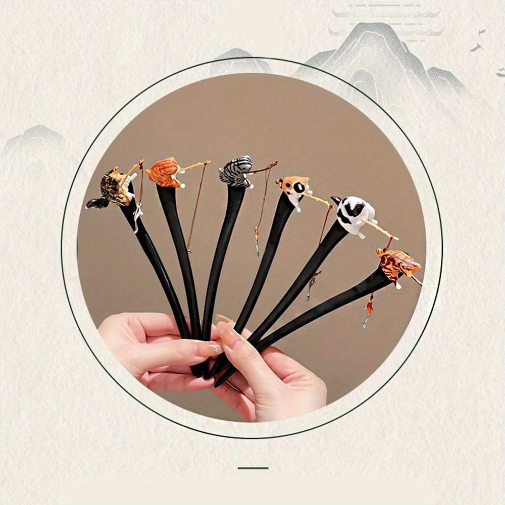 

1pc Black Sandalwood Wooden Hair Stick Classical Tassel Chinese Style Hanfu Hairpin Cat Fishing Hair Sticks For Buns For Girl