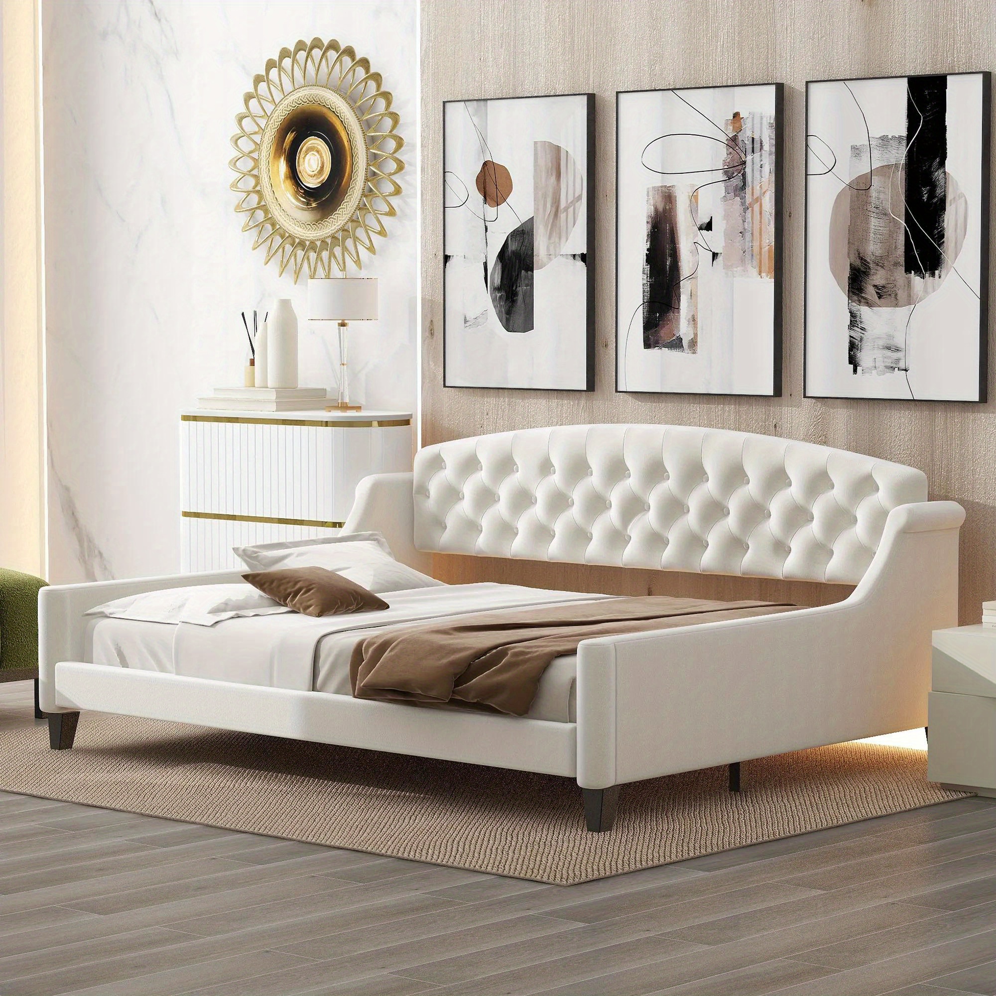 

1pc Modern Luxury Tufted Button Daybed, Upholstered Twin/full Daybed With Modern Luxury Tufted Button, Full Size Daybed With Slat Support And Arm, Sofa Bed For Living Room Bedroom