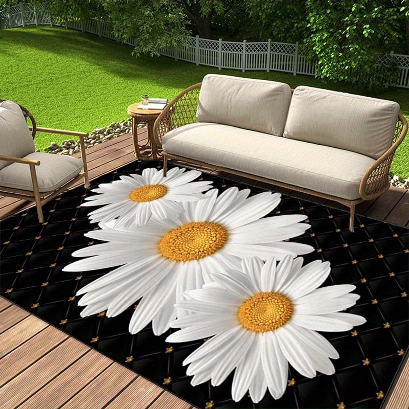 

Anti-slip 3d Daisy Flower Printed Rug - Waterproof Polyester Area Mat For Outdoor Patio, Garden, Bedroom, Living Room Decor, Tpu Bracket - Normal Waterproof Level 800g/m2