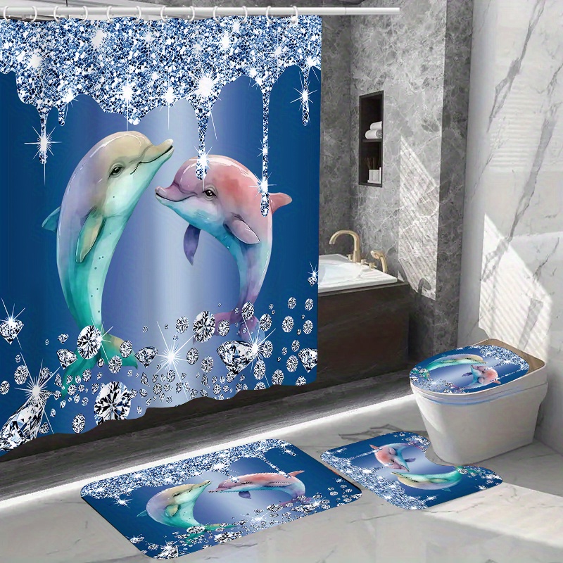 

1/4pcs Diamond & Dolphin Printed Shower Curtain Set, Waterproof Shower Curtain With 12 Hooks, Non-slip Bathroom Rug, Toilet Mat, Toilet Lid Cover Pad, Bathroom Decor, Shower Curtain Sets For Bathrooms