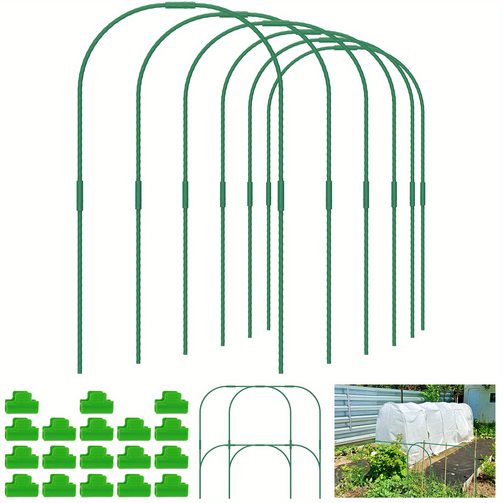 

60pcs Green Garden Hoops Kit, Steel Frame Grow Tunnel Support, Diy Plastic Coated Plant Hoops With Clips, Durable Fiberglass Outdoor Plant Support For Row Covers & Netting, 14.96in/38cm & 20in/50cm