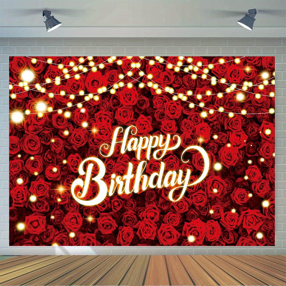 

1pc, Happy Birthday Photography Backdrop, Vinyl Rose Flower Red Background Birthday Party Decoration Cake Table Banner Photo Booth Props