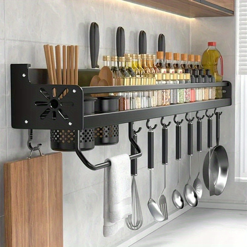 

1pc Wall Mounted Metal Kitchen Shelf, Modern Elegant Spice Rack With Knife Holder & Utensil Hanging Hooks, Multi-use Organizer For Home Decor
