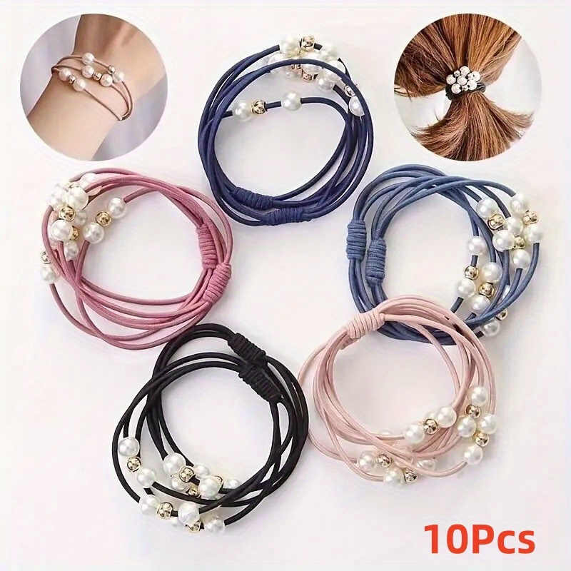 Image of 10pcs/20pcs Trendy Pearl Hair Rope, 3in 1 Elastic Small Girls Hair Ties