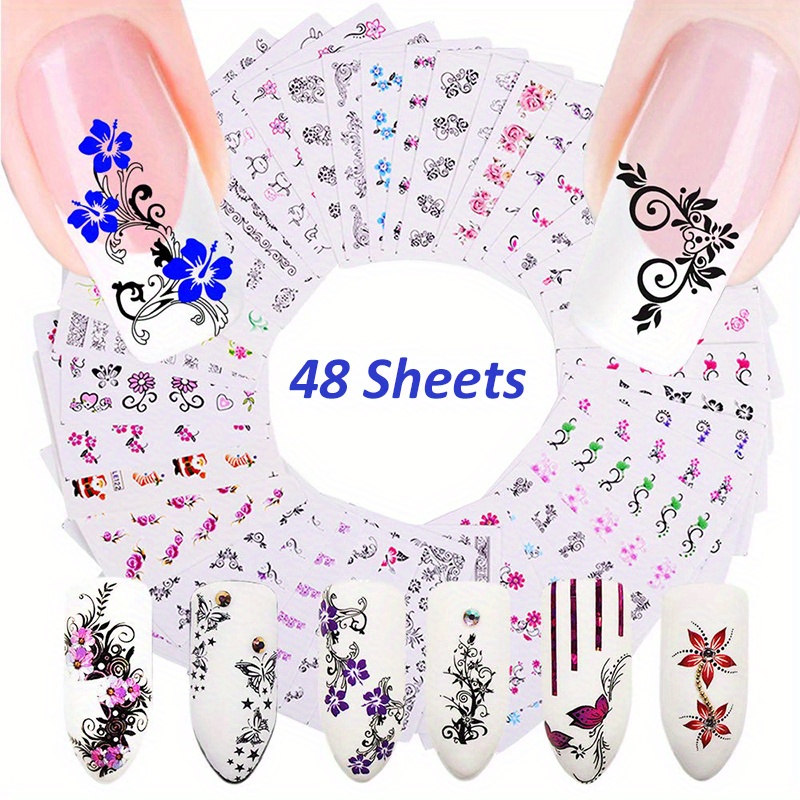 

48 Sheets Flowers Nail Water Transfer Stickers And Decals Flower Nail Decals For Women Manicure Wraps Transfer Paper Sticker Tips Decor