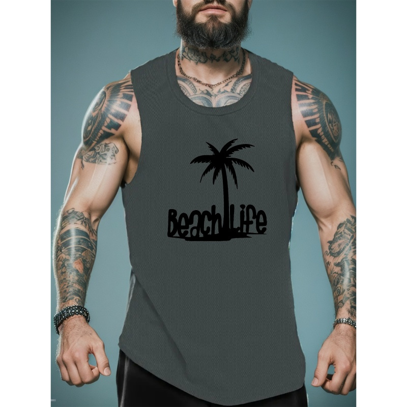 

Beach Life Print Summer Men's Quick Dry Moisture-wicking Breathable Tank Tops Athletic Gym Bodybuilding Sports Sleeveless Shirts For Running Training Men's Clothing