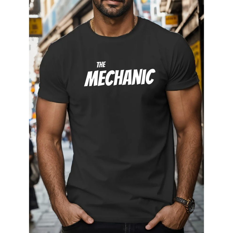 

Men's The Mechanic Print Short Sleeve T-shirts, Comfy Casual Elastic Crew Neck Tops For Men's Outdoor Activities