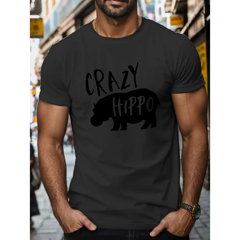 

Men's Crazy Hippo Print Short Sleeve T-shirts, Comfy Casual Elastic Crew Neck Tops For Men's Outdoor Activities