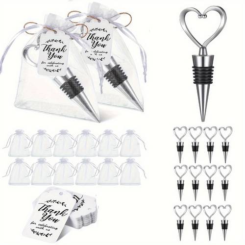 36pcs, Heart Shaped Wine Bottle Stoppers With Organza Bags & Thank You Tags - Metal Party Favors For Wedding, Birthday, Bridal Shower, Valentine's Day - No Electricity Required