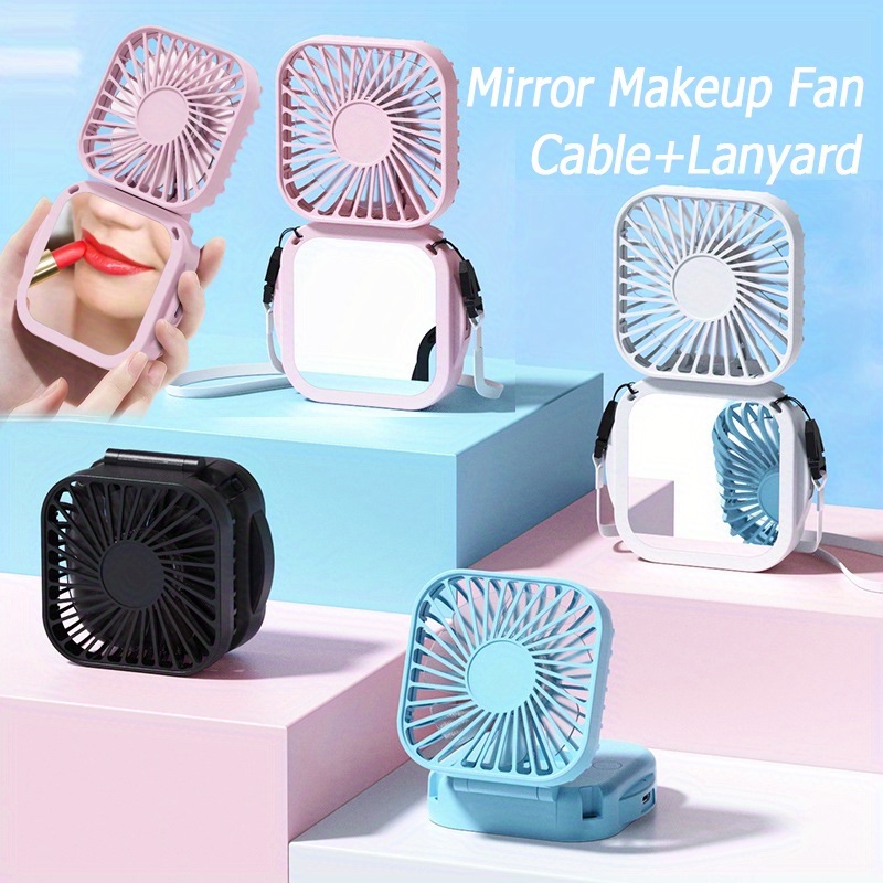 

1pc, Portable Mini Fan With Makeup Mirror, Usb Rechargeable, High Wind, Plastic, Outdoor Use, 180-degree Folding, Adjustable For Desktop (80mm X 142mm), With Lanyard